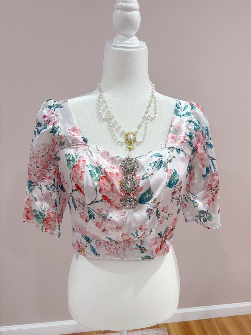 Floral Puff Sleeve Crop Top - Pink